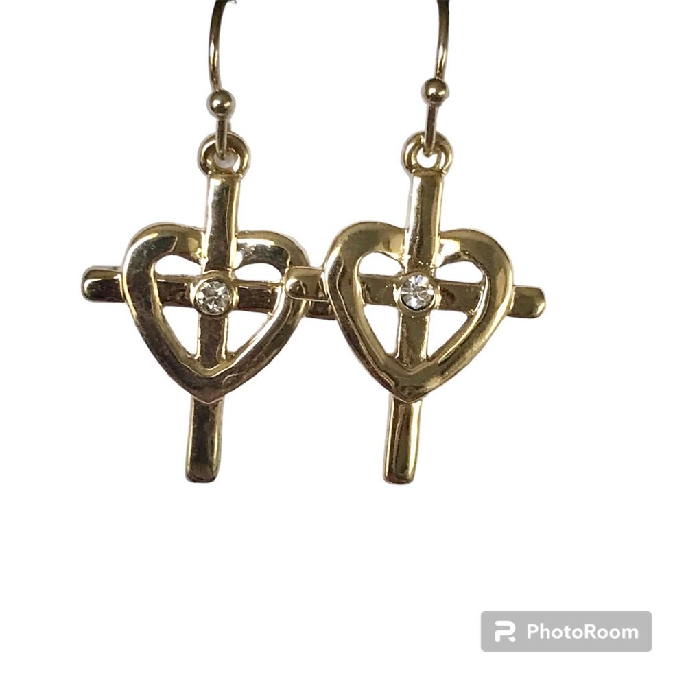 Sacred Heart Cross Earrings Gold Plated Crystal Catholic Christian Gift